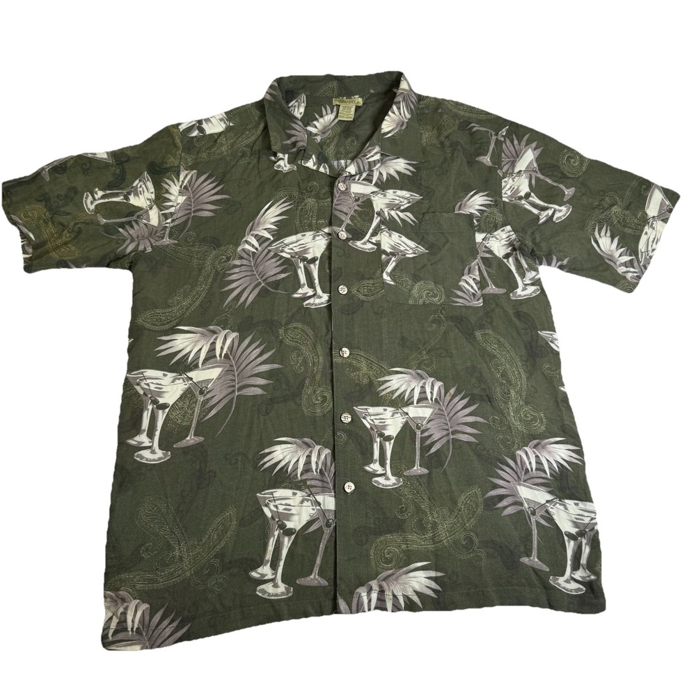Islander Vintage Resort Shirt Green Palm Tree Martini Glass Y2K Mens XL
